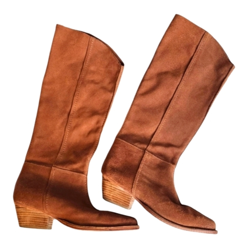 Free People Sway Low Slouch Boots Tan pointed Toe Stacked Heel Size 36.5 6 41 US - Picture 3 of 13